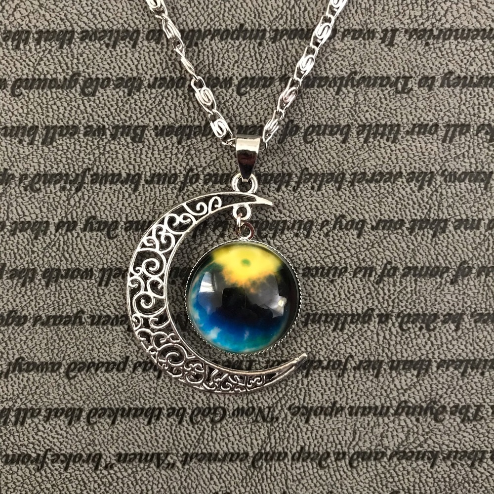Silver Crescent Moon Cabochon Necklace